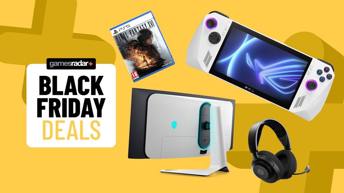 Asus ROG Ally, Alienware gaming monitor, SteelSeries gaming headset, and Final Fantasy 16 PS5 game on a yellow background with Black Friday deals badge