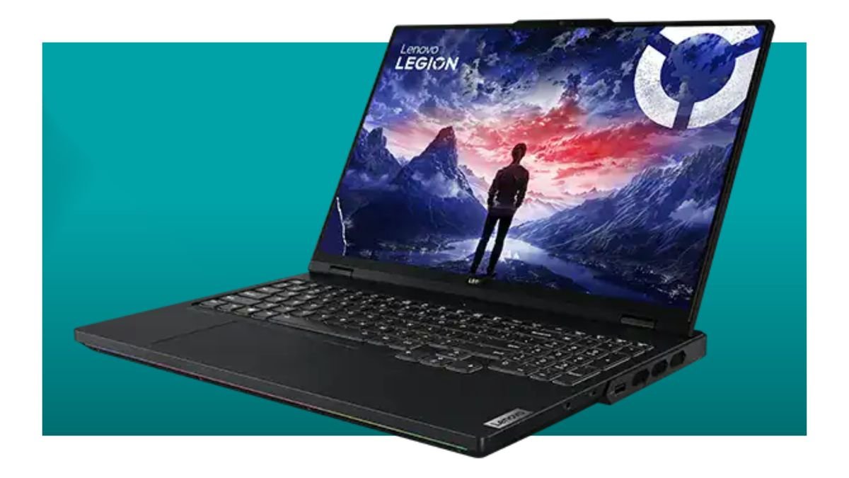 The Lenovo Legion Pro 7i Gen 9 on a teal deals background